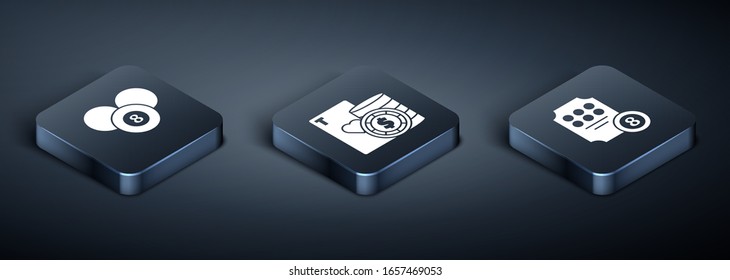 Set Isometric Billiard pool snooker 8 ball, Online slot machine and Casino chip and playing cards icon. Vector