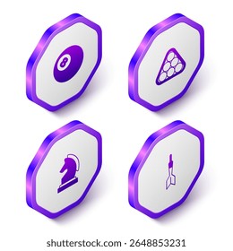 Set Isometric Billiard pool snooker ball, balls in triangle, Chess and Dart arrow icon. Purple hexagon button. Vector