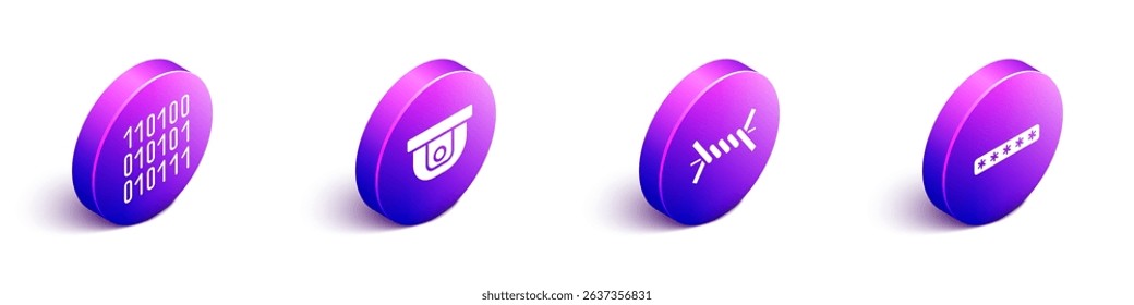 Set Isometric Binary code, Motion sensor, Barbed wire and Password protection icon. Vector