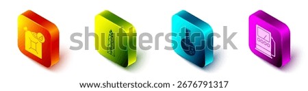Set Isometric Bio fuel canister, Oil rig with fire, Oil petrol test tube and Petrol or gas station icon. Vector