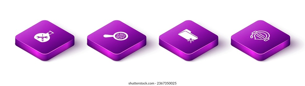 Set Isometric Bioengineering service, Microorganisms under magnifier, Folder and Headphones with speech bubble chat icon. Vector