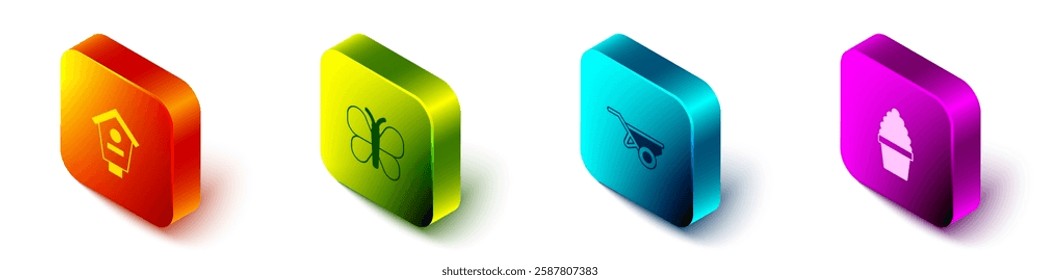 Set Isometric Bird house, Butterfly, Wheelbarrow with dirt and Cactus peyote in pot icon. Vector