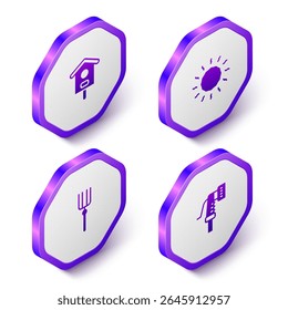 Set Isometric Bird house, Sun, Garden pitchfork and hose icon. Purple hexagon button. Vector