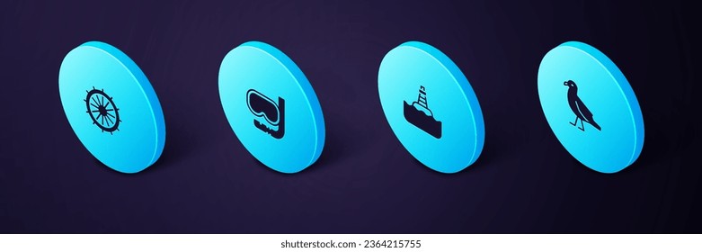 Set Isometric Bird seagull, Floating buoy, Diving mask and snorkel and Ship steering wheel icon. Vector