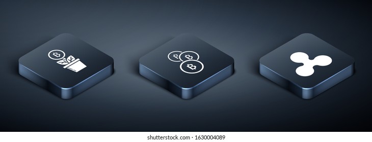 Set Isometric Bitcoin plant in the pot, Cryptocurrency coin Ripple XRP and Cryptocurrency coin Bitcoin icon. Vector