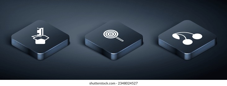Set Isometric Bitten chocolate bar, Cherry and Lollipop icon. Vector