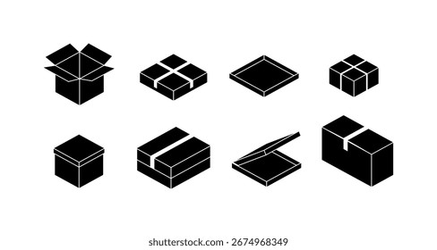 Conjunto de ícones isométricos de caixa preta para design de embalagem e armazenamento