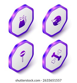 Set Isometric Black cat, Moon and stars, Lollipop and Crossed bones icon. Purple hexagon button. Vector