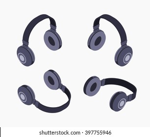 Set of the isometric black headphones. The objects are isolated against the white background and shown from different sides