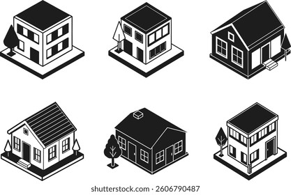 Set of Isometric Black House Vector Illustrations with Modern and Classic Designs