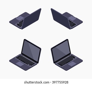 Set of the isometric black laptops. The objects are isolated against the white background and shown from different sides