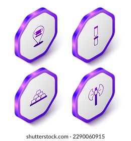 Setzen Sie das Werkzeug für den Schmied, Rasp Metal, Goldbarren und das Symbol für den mittelalterlichen Pollenschmied. Violett-Hexagon-Taste. Vektorgrafik