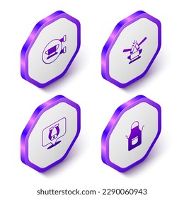Set Isometric Blacksmith anvil tool, Anvil and hammer, Horseshoe and apron icon. Purple hexagon button. Vector