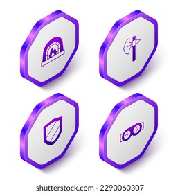 Set Isometric Blacksmith oven, Medieval axe, Shield and Welding glasses icon. Purple hexagon button. Vector