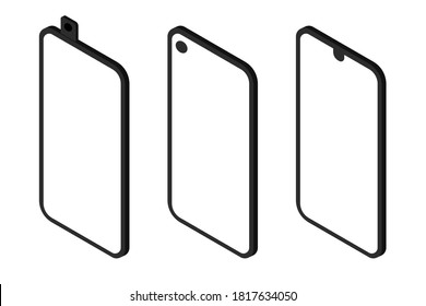 set of isometric blank mobile phones illustration template with different front camera style