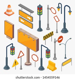 Set of isometric blank road signs, traffic lights and billboard. Flat vector illustration 