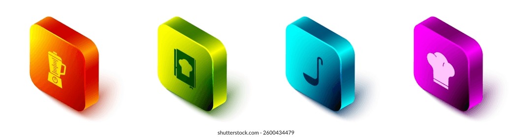 Set Isometric Blender, Cookbook, Kitchen ladle and Chef hat icon. Vector