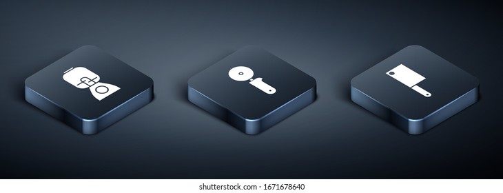 Set Isometric Blender, Meat chopper and Pizza knife icon. Vector