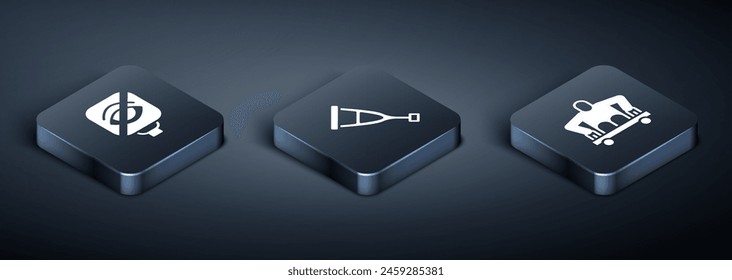 Set Isometric Blindness, Man without legs sitting wheelchair and Crutch or crutches icon. Vector