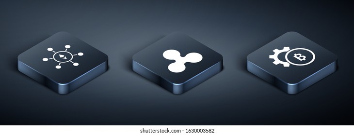 Set Isometric Blockchain technology Ethereum ETH, Cryptocurrency coin Bitcoin and Cryptocurrency coin Ripple XRP icon. Vector