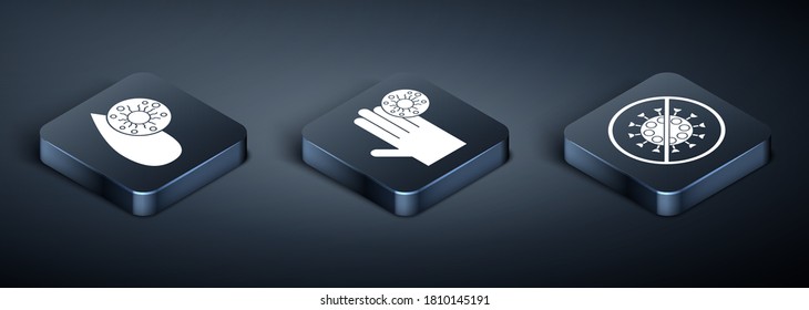 Establecer el virus y la prueba de sangre isométrica, Detener el virus y Mano con el icono del virus. Vector