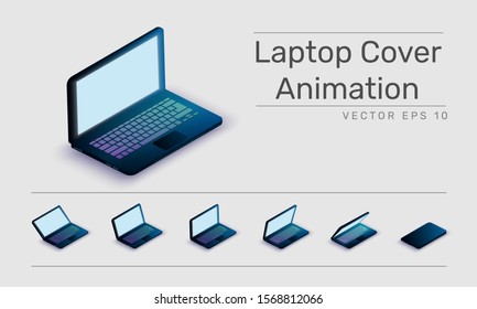 Set Of Isometric Blue Laptop Cover Mockup Concept For Animation In Perspective View. Different Angle Rotation Open Tp Close. Cartoon Flat Design. Saperate Equipment. Isolated Illustration Vector.