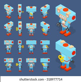 Set of the isometric blue toy robots with the key in the back. The objects are isolated against the dark-blue background and shown from different sides