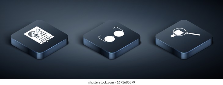 Set Isometric Board with graph chart, Magnifying glass and Glasses icon. Vector