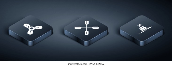 Set Isometric Boat propeller, turbine, Floating buoy on the sea and Paddle icon. Vector