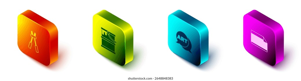Defina o cortador de Parafuso Isométrico, Balde de tinta, Balão de fala com arte de texto e ícone de adesivo de papel. Vetor