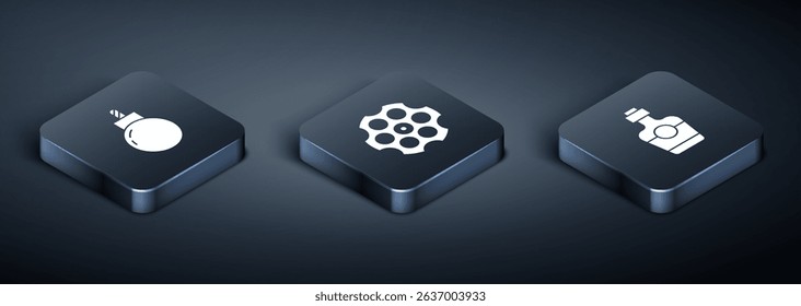 Set Isometric Bomb ready to explode, Tequila bottle and Revolver cylinder icon. Vector