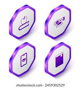 Establecer libro isométrico con manzana, cámara de Web, tapa de graduación en el móvil y el icono. Botón hexagonal púrpura. Vector
