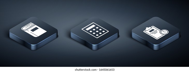 Set Isometric Book, Exam sheet with clock and Calculator icon. Vector