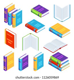 Set of isometric book icons. Education or bookstore illustration in flat design style.