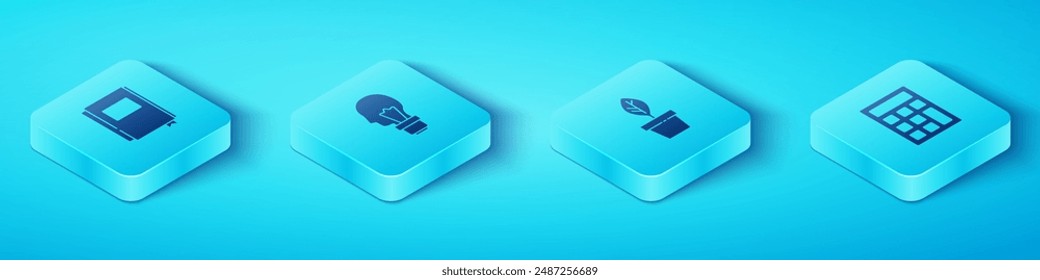 Set Isometric Book, Light bulb with concept of idea, Calculator and Plant in pot icon. Vector