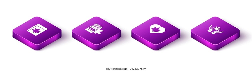 Set Isometric Book and marijuana or cannabis, Medical bottle with, Marijuana leaf in heart and  icon. Vector
