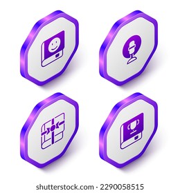 Set Isometric Book, Microphone, as a gift and  icon. Purple hexagon button. Vector