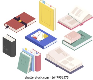 Set of isometric book, notebooks from different angles : stack, open textbooks. Vector illustration on a white background 