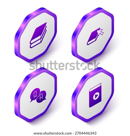 Set Isometric Book, Online book, Question and Answer and Audio icon. Purple hexagon button. Vector