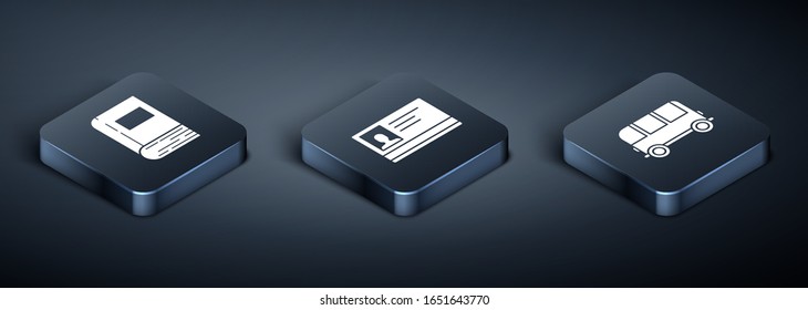Isometrisches Buch-, Schulbus- und Identifizierungszeichen-Symbol festlegen. Vektorillustration