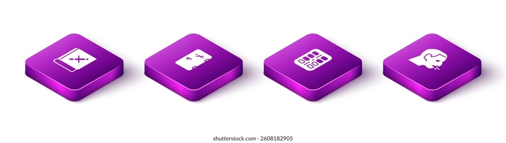 Set Isometric Book with stop cigarette, No smoking area, Nicotine gum blister pack and Man coughing icon. Vector