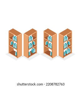 set of Isometric bookcase isolated on white background. 3d shelves filled with books. Vector illustration.