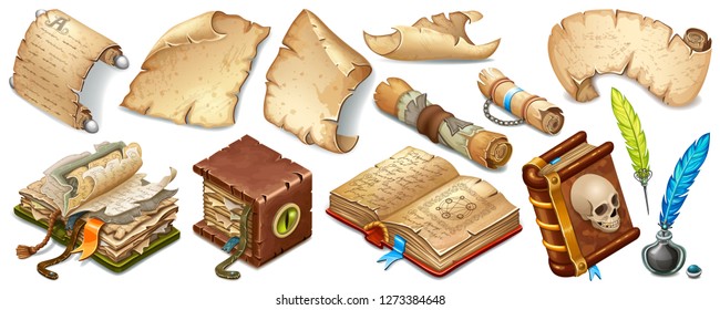 Set isometric books of magic spells and witchcraft, royal scrolls and parchments, old rice paper. Fairy tale icon in cartoon style  for computer game. Isolated 3d vector illustration.