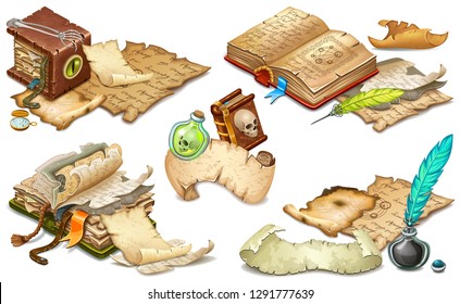 Set isometric books of magic spells and witchcraft, royal scrolls and parchments, old paper. Fairy tale icon in cartoon style  for computer game. Isolated 3d vector illustration.