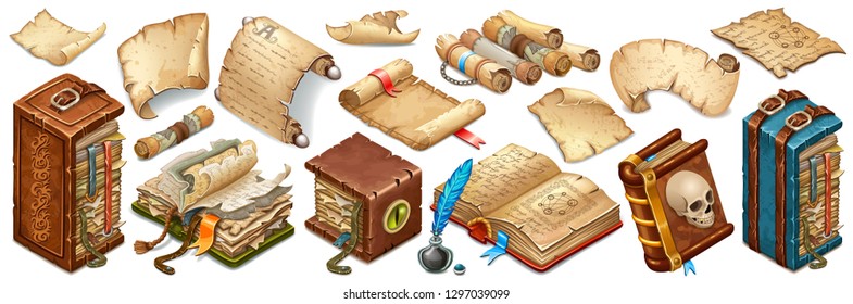 Set isometric books of magic spells and witchcraft, royal scrolls and parchments, old paper. Fairy tale icon in cartoon style  for computer game. Isolated 3d vector illustration.