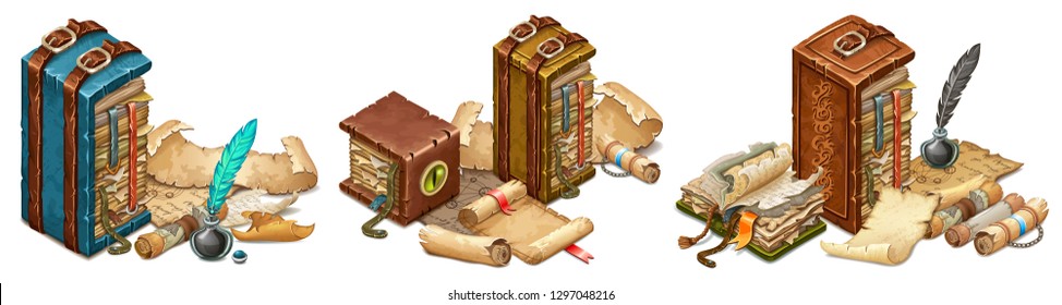 Set isometric books of magic spells and witchcraft, royal scrolls and parchments, old sheets of paper for computer game. Fairy tale icon in cartoon style. Isolated 3d vector illustration.