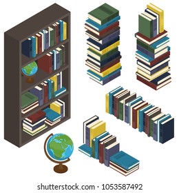 Set of isometric books in a row, pile, in a bookcase isolated on a white background. Vector illustration.