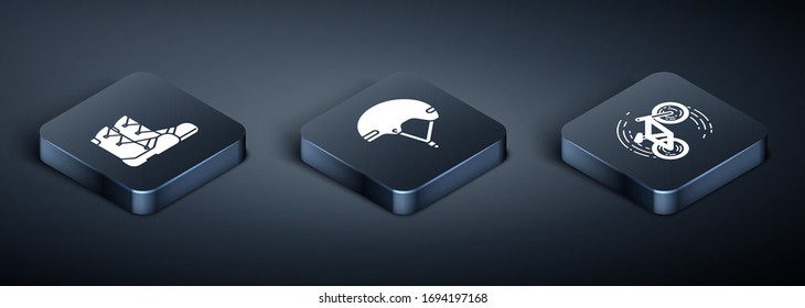 Set Isometric Boots, Bicycle trick and Helmet icon. Vector