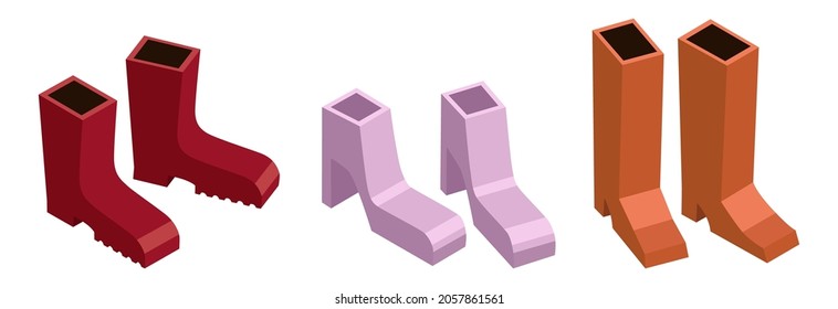 Set of isometric boots  - hand drawn vector illustration isolated on white. Flat color design.
