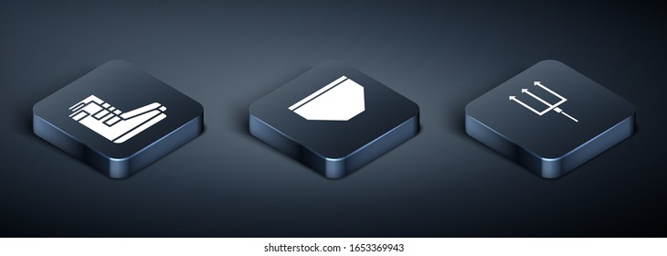Set Isometric Boots, Neptune Trident and Swimming trunks icon. Vector